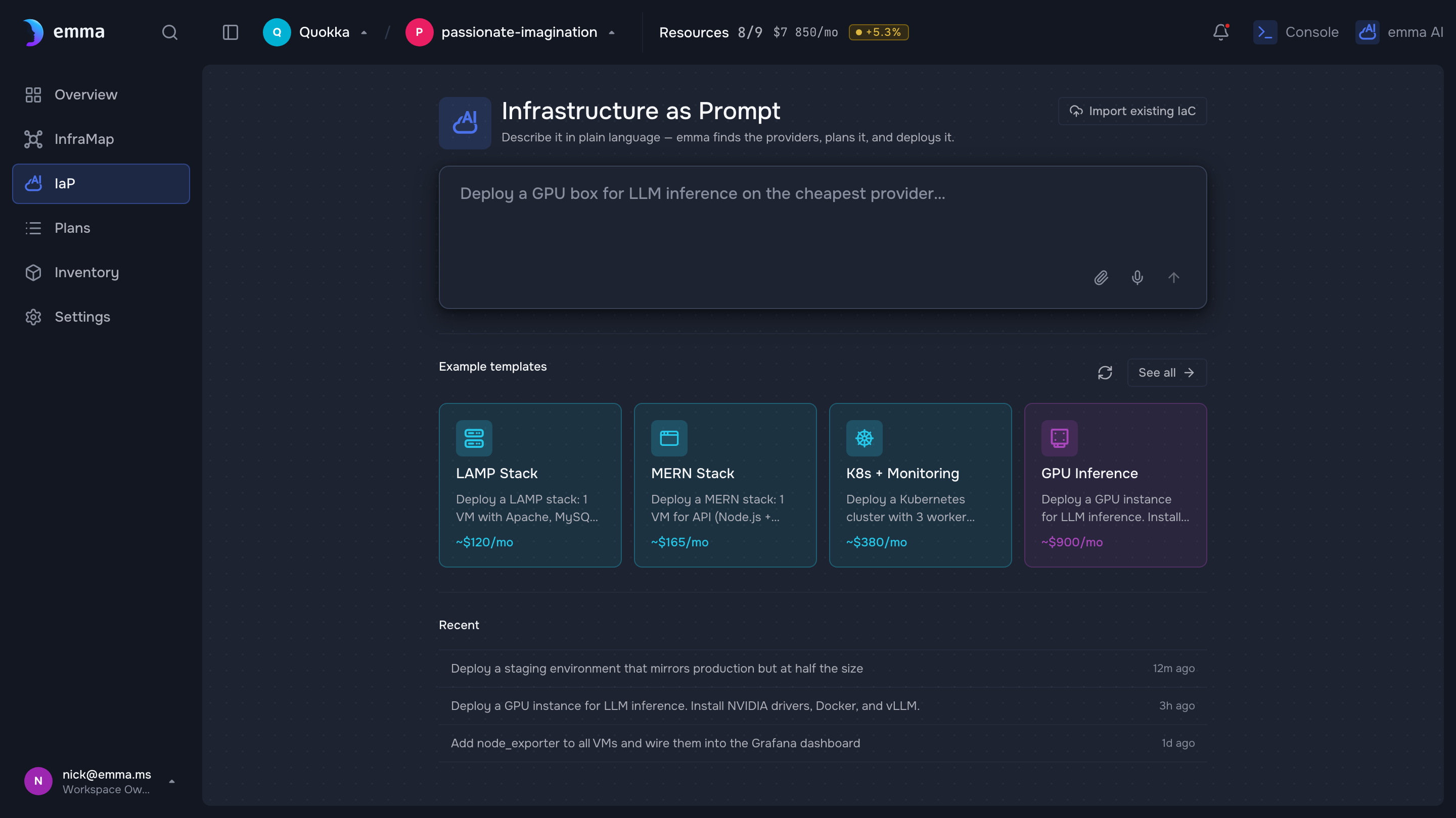 The Infrastructure-as-Prompt screen — describe what you want, or start from a template