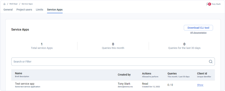 Project Service Apps Table report on the page