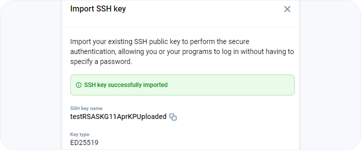 Success import of SSH key