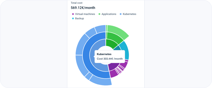 Project resources cost breakdown according to services and VMs with helpful tooltips