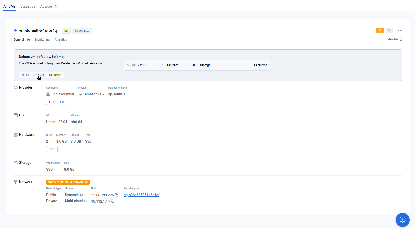An example of a recommendation to delete the virtual machine